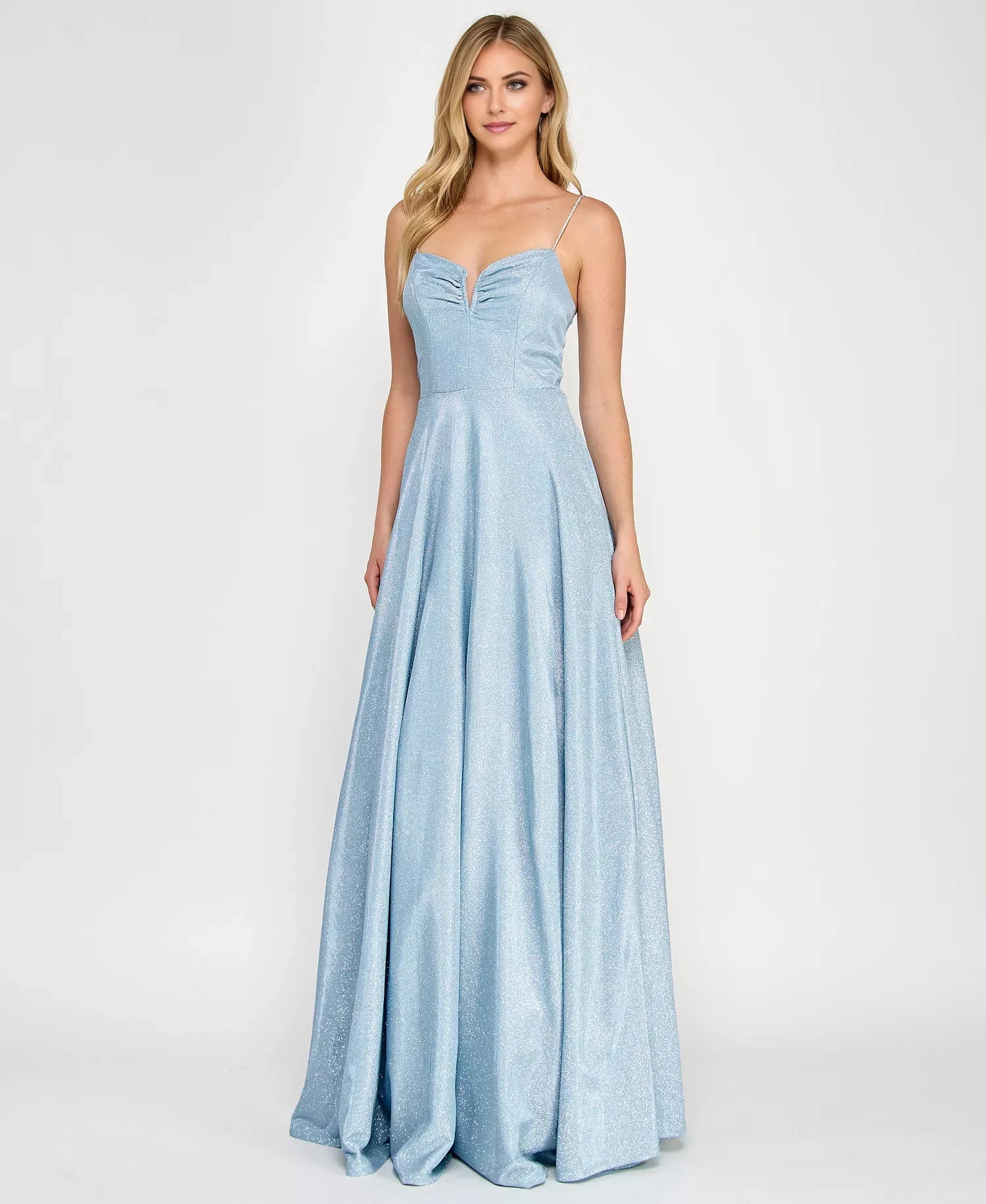 Elegant Powder Blue A-Line V -Neck Spaghetti Strap Back Zip Floor-Length Glitter Prom Dress