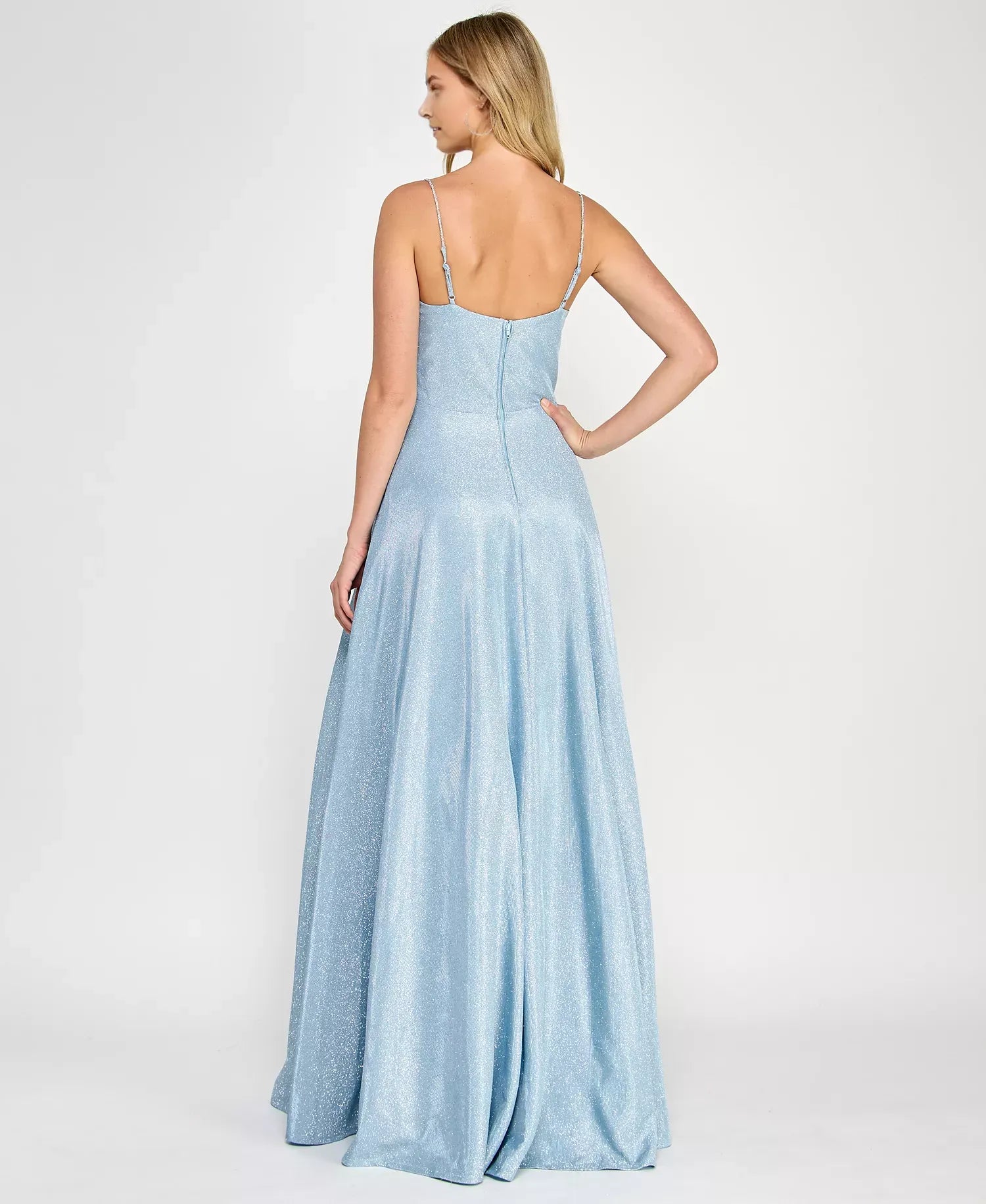 Elegant Powder Blue A-Line V -Neck Spaghetti Strap Back Zip Floor-Length Glitter Prom Dress