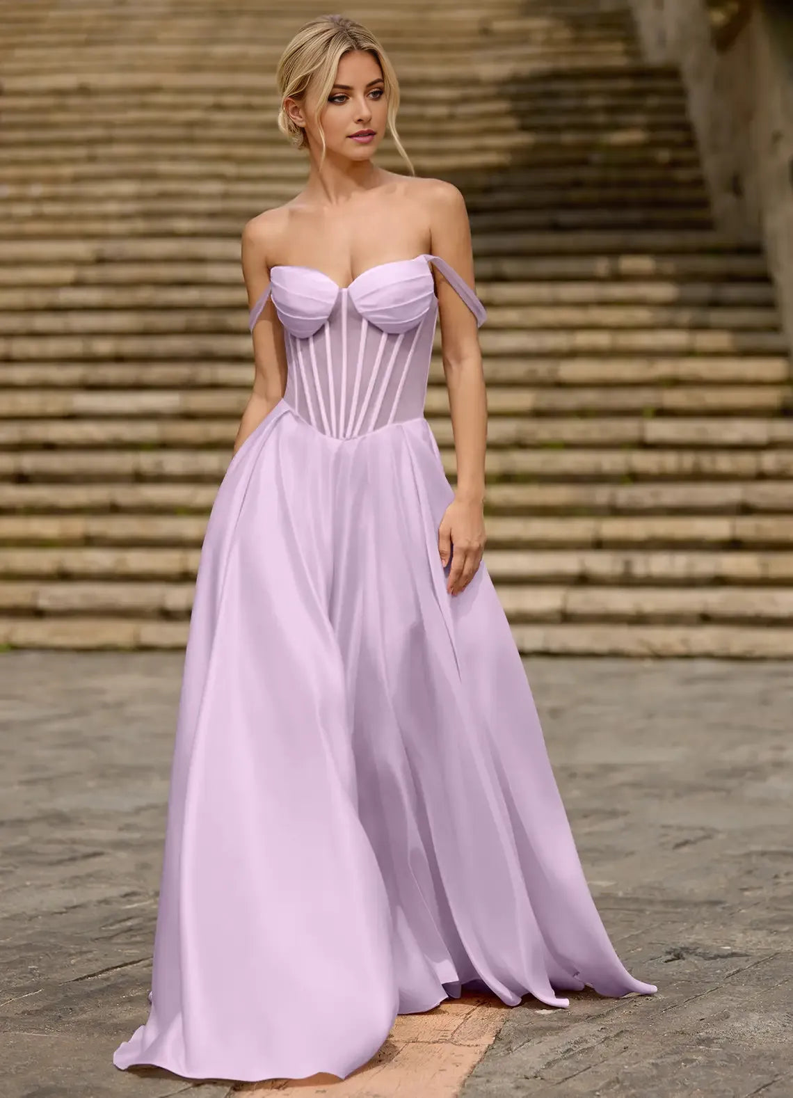 Elegant Purple A-Line Off-the-Shoulder Sleeveless Lace Up Floor-Length Satin Prom Dress with Corset Bodice High Slit