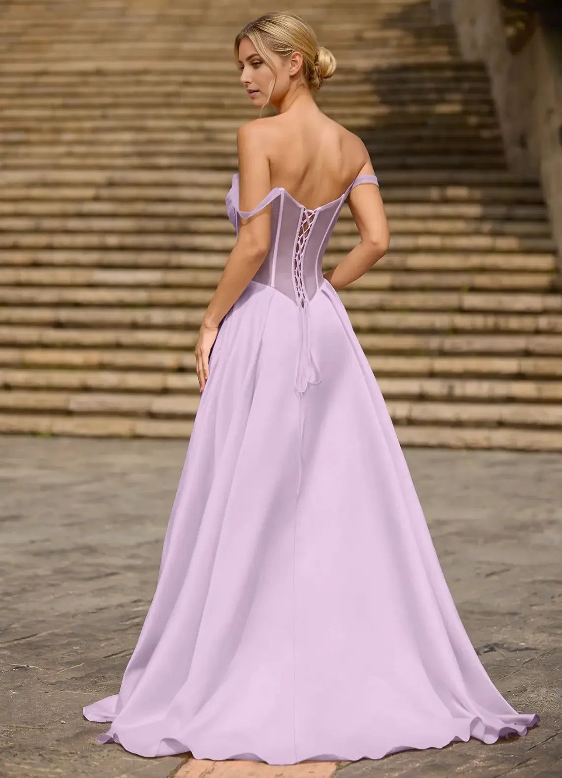 Elegant Purple A-Line Off-the-Shoulder Sleeveless Lace Up Floor-Length Satin Prom Dress with Corset Bodice High Slit
