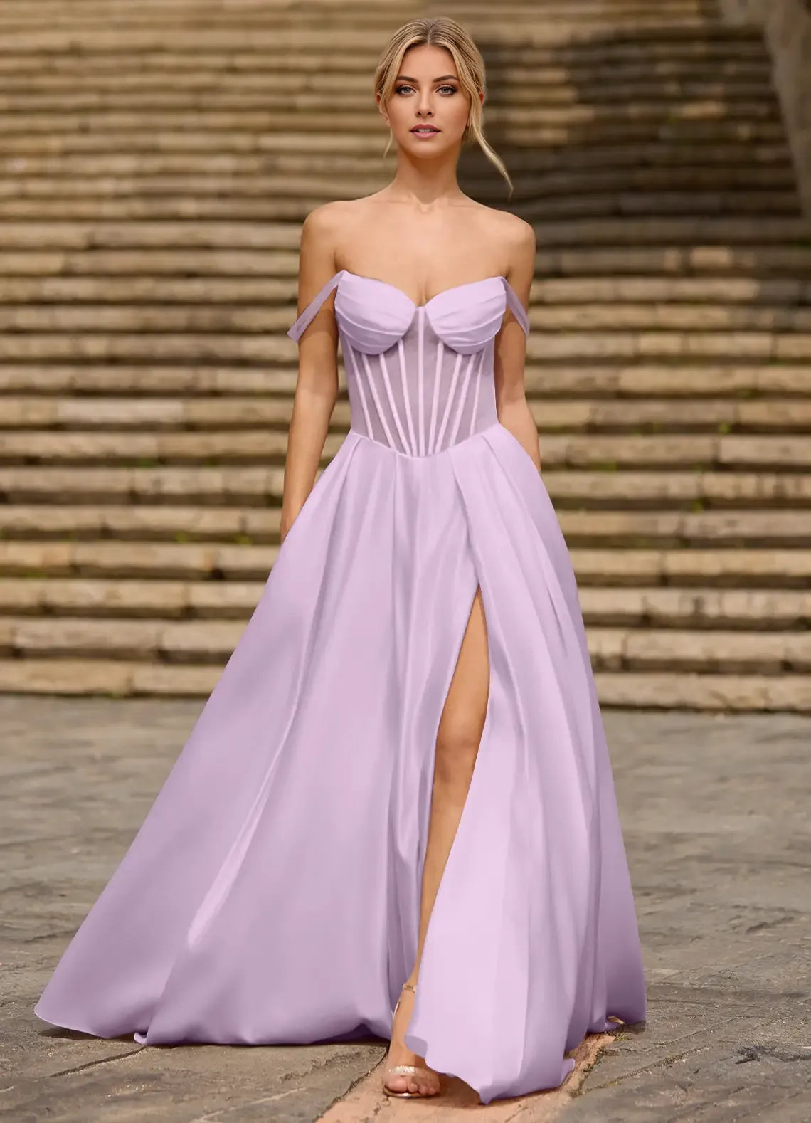 Elegant Purple A-Line Off-the-Shoulder Sleeveless Lace Up Floor-Length Satin Prom Dress with Corset Bodice High Slit