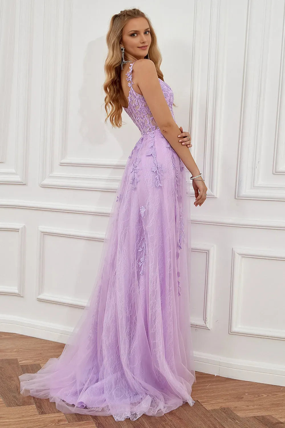 Elegant Purple A-Line Off the Shoulder Sleeveless Floral Lace Tulle Appliques Slit Floor-Length Prom Dress
