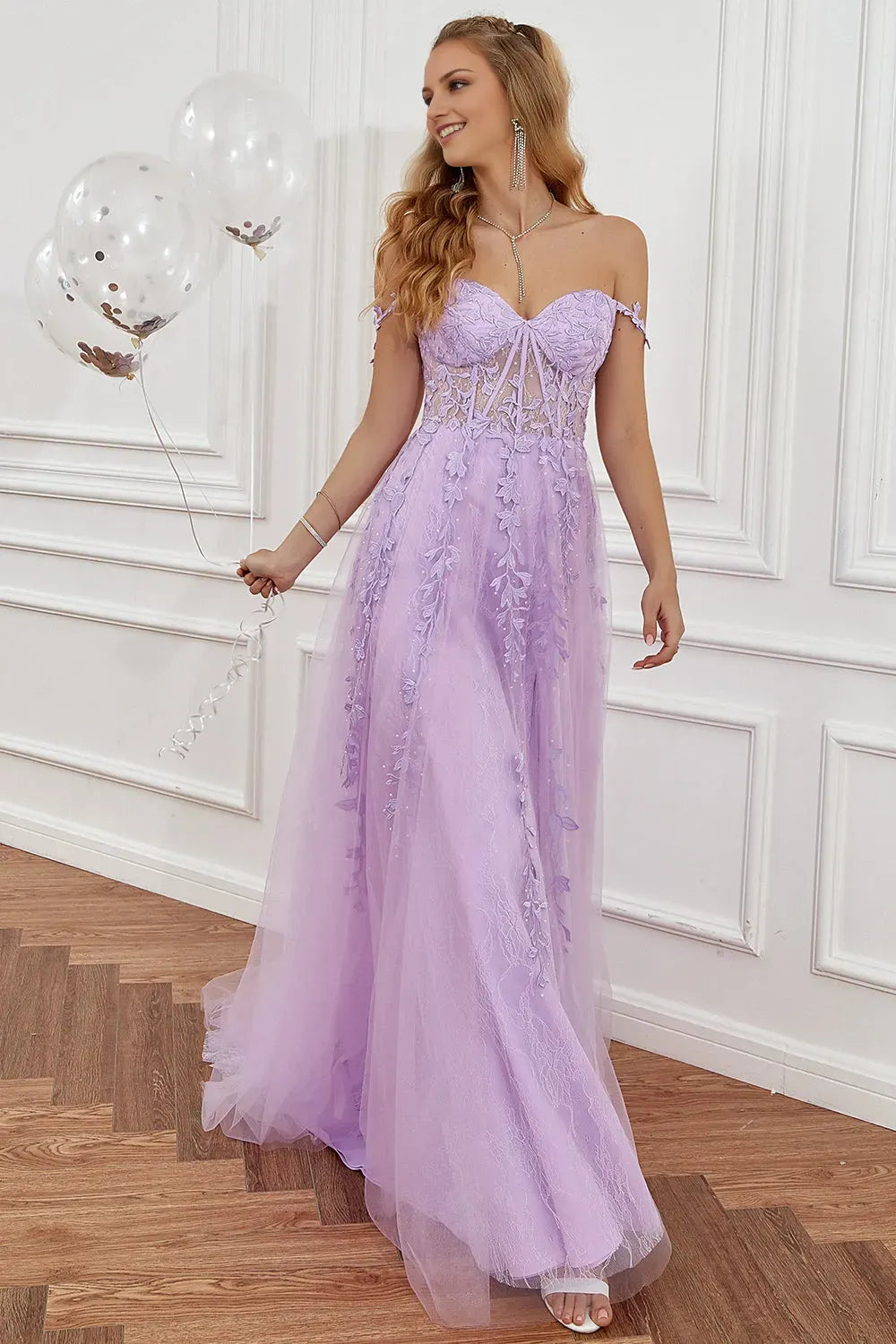 Elegant Purple A-Line Off the Shoulder Sleeveless Floral Lace Tulle Appliques Slit Floor-Length Prom Dress