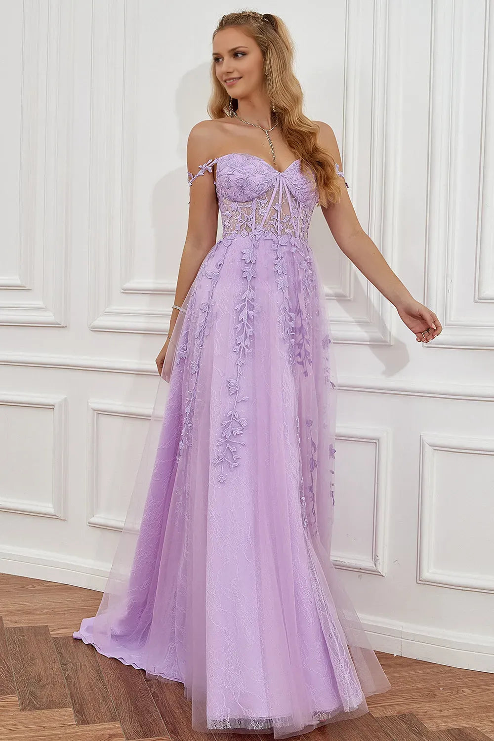 Elegant Purple A-Line Off the Shoulder Sleeveless Floral Lace Tulle Appliques Slit Floor-Length Prom Dress