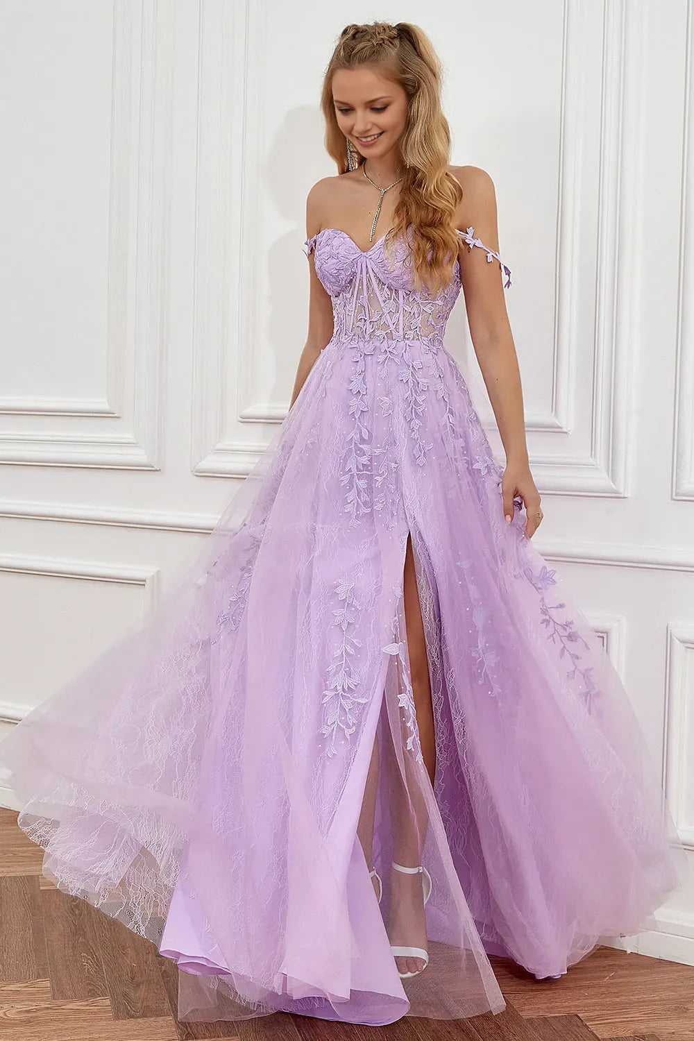 Elegant Purple A-Line Off the Shoulder Sleeveless Floral Lace Tulle Appliques Slit Floor-Length Prom Dress