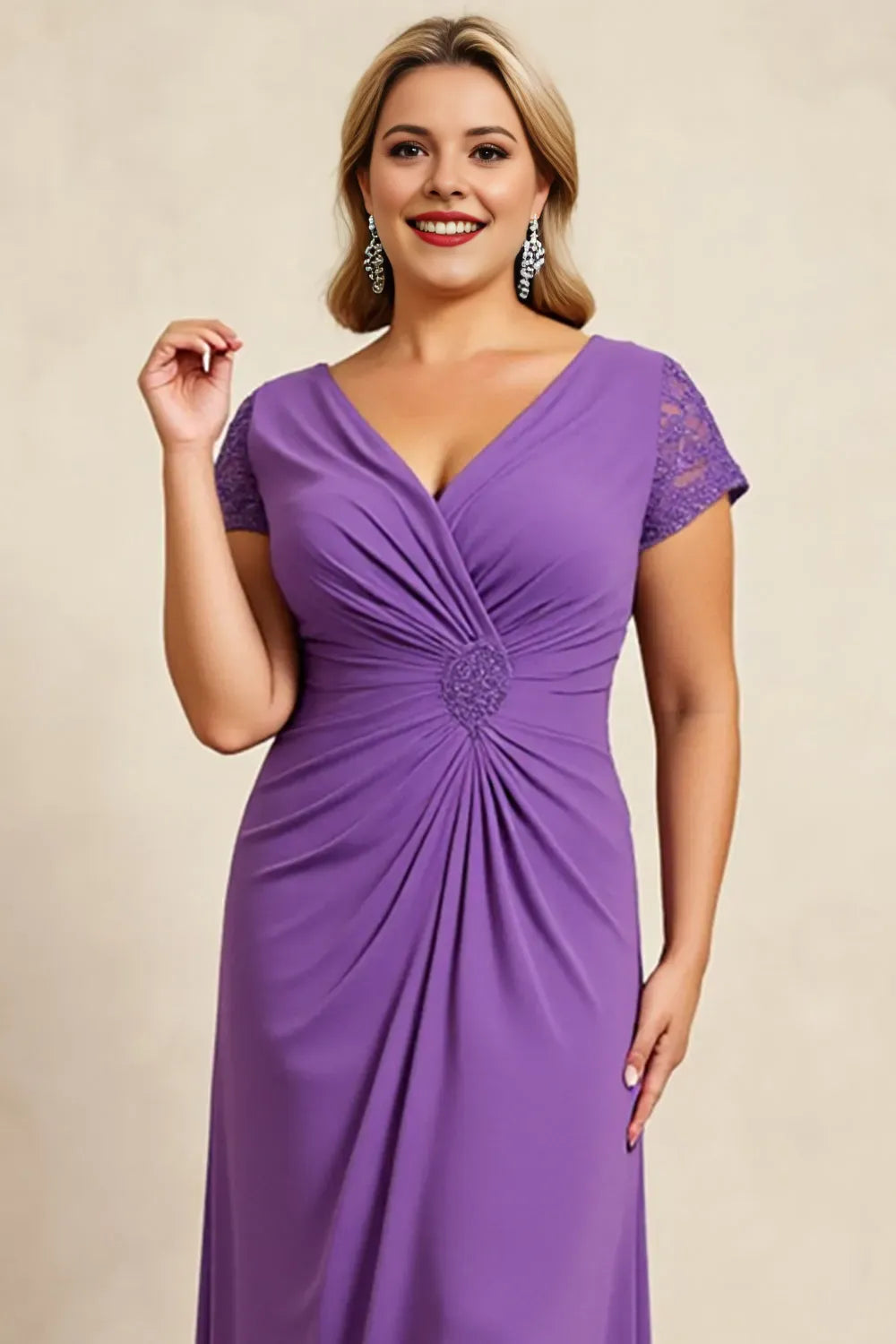 Elegant Purple A-Line V-Neck Lace Ruched Short Sleeve Back Zip Floor-Length Mother of the Bride Dress