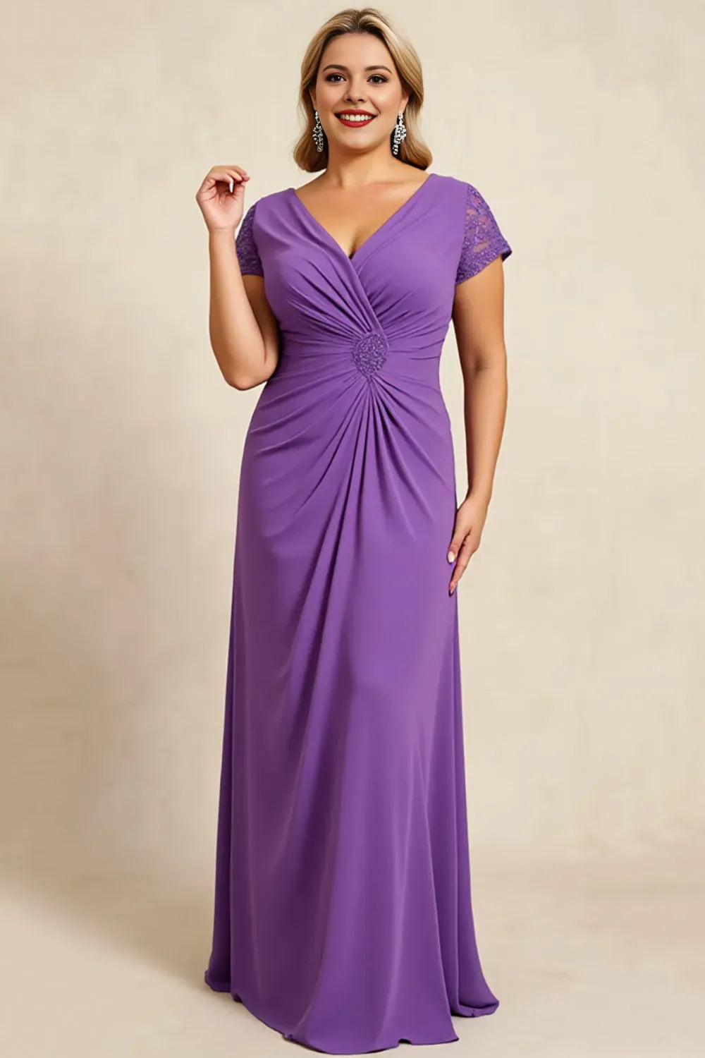 Elegant Purple A-Line V-Neck Lace Ruched Short Sleeve Back Zip Floor-Length Mother of the Bride Dress