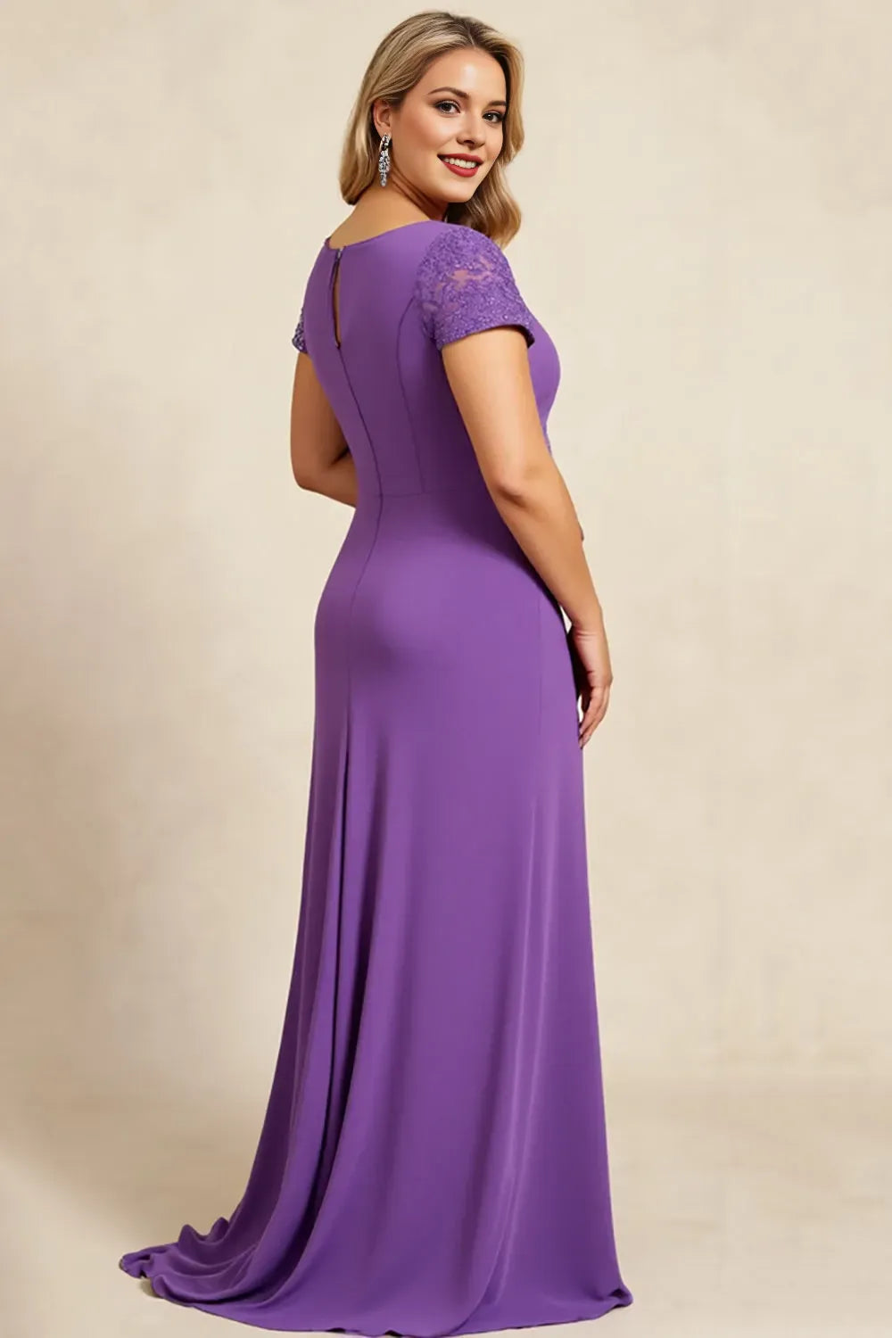 Elegant Purple A-Line V-Neck Lace Ruched Short Sleeve Back Zip Floor-Length Mother of the Bride Dress