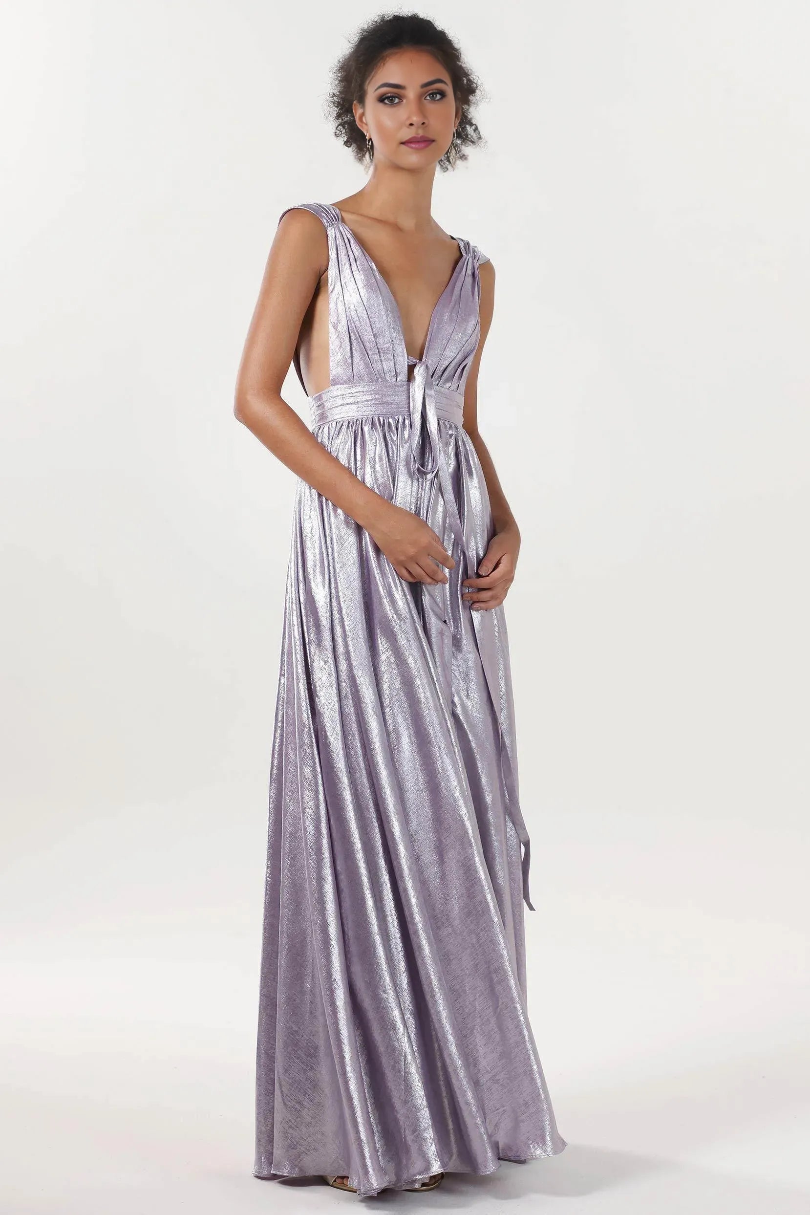 Elegant Purple A-Line V-Neck Sleeveless Open Back Floor-Length Metallic Prom Dress with Slit