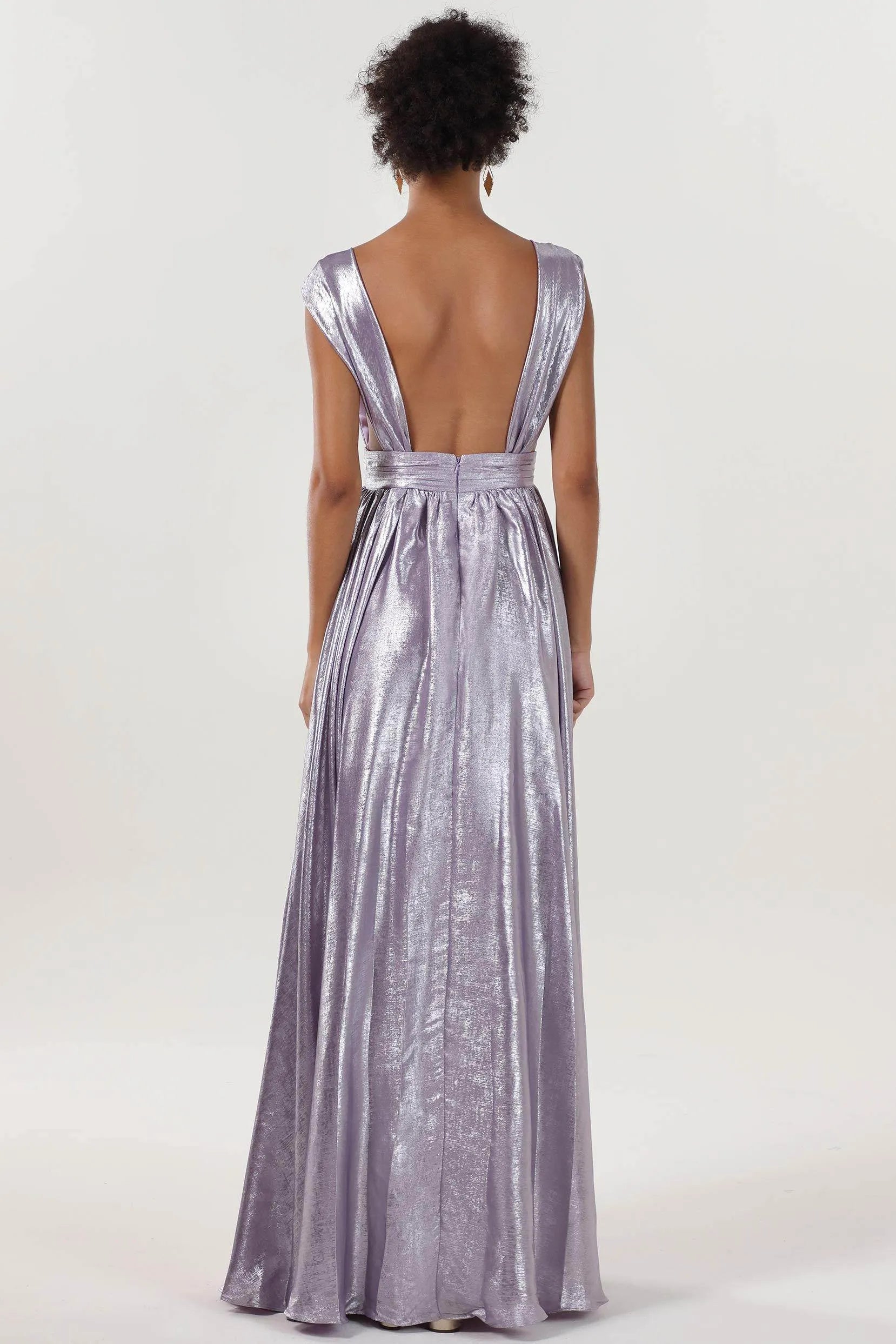 Elegant Purple A-Line V-Neck Sleeveless Open Back Floor-Length Metallic Prom Dress with Slit