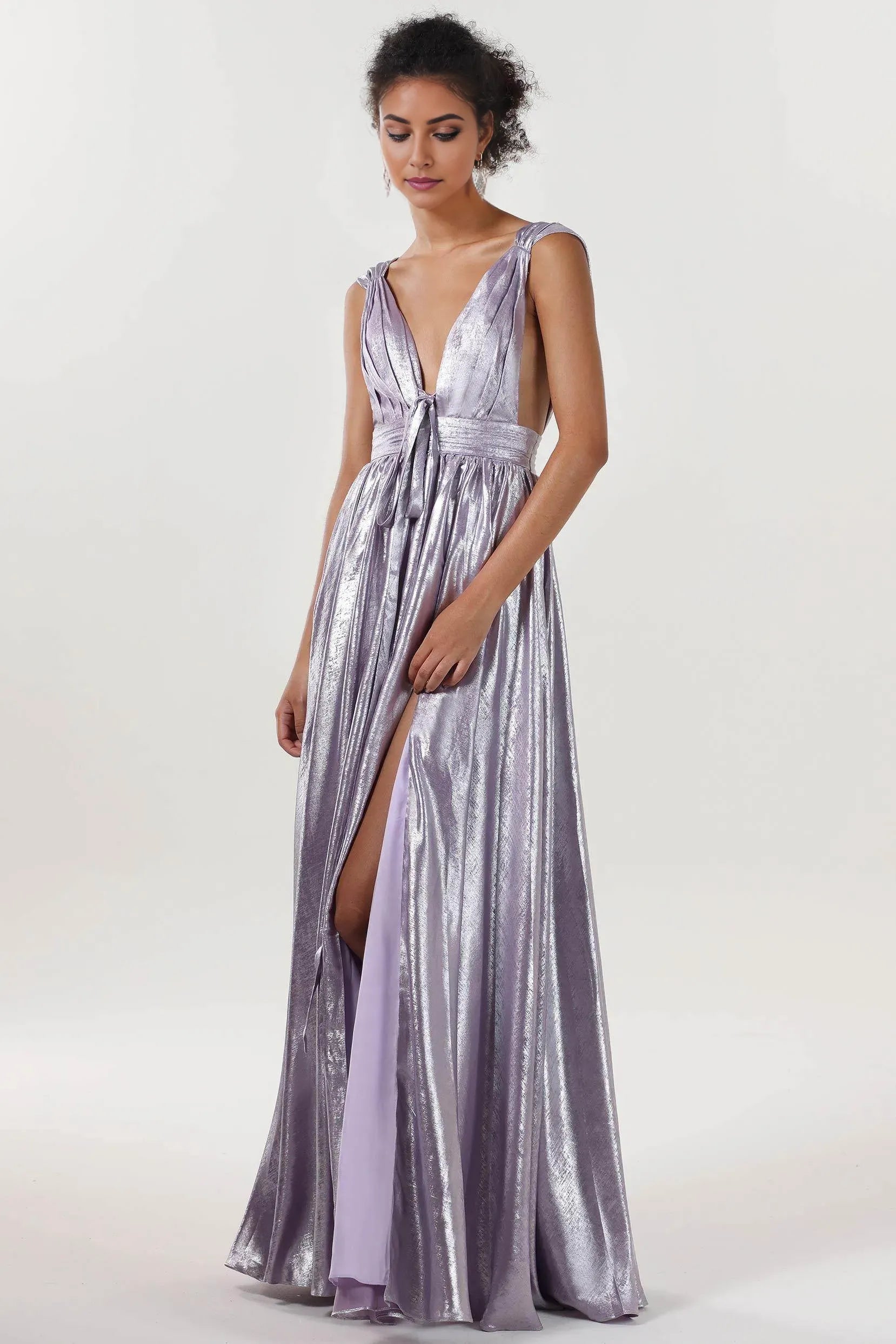 Elegant Purple A-Line V-Neck Sleeveless Open Back Floor-Length Metallic Prom Dress with Slit