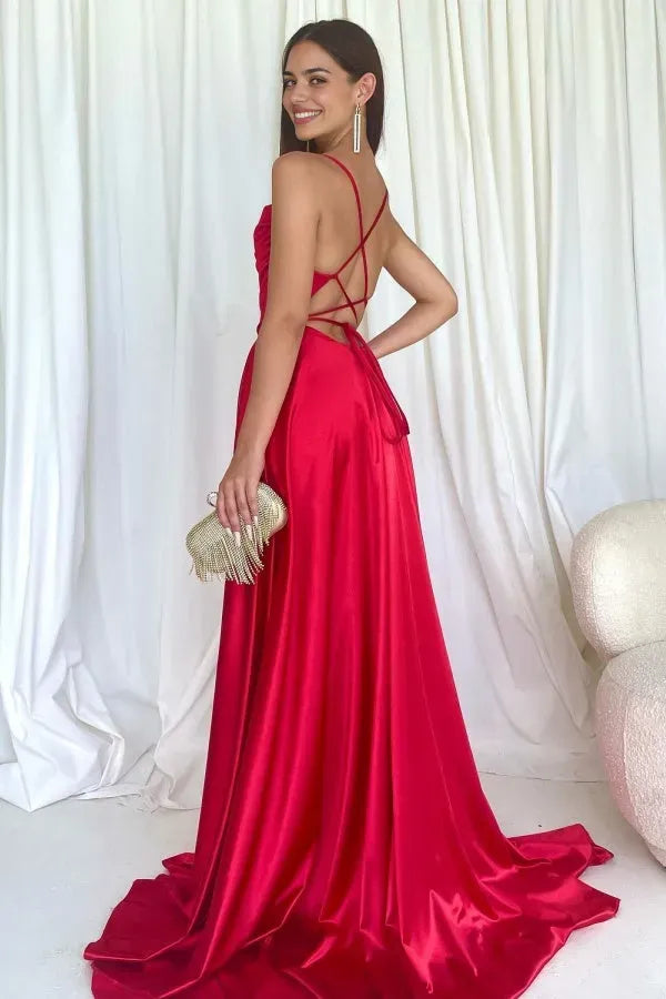 Elegant Red  A - Line Cowl Neck Spaghetti Straps Ruched Crisscross Back Floor-Length High Side Slit Prom Dress
