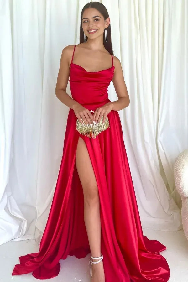 Elegant Red  A - Line Cowl Neck Spaghetti Straps Ruched Crisscross Back Floor-Length High Side Slit Prom Dress