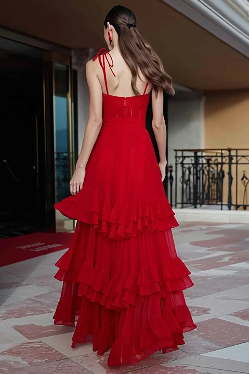 Elegant Red A-Line Sweetheart Spaghetti Strap Back Zip Tiered Ruffled Floor-Length Chiffon Prom Dresses