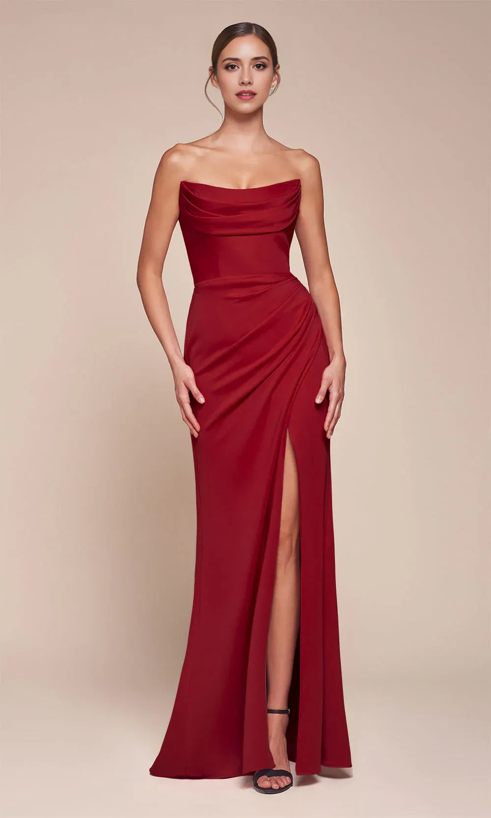 Elegant Red Mermaid Scoop Neck Sleeveless Pleated Satin Lace Up-Back High Slit Floor-Length Prom Dresses