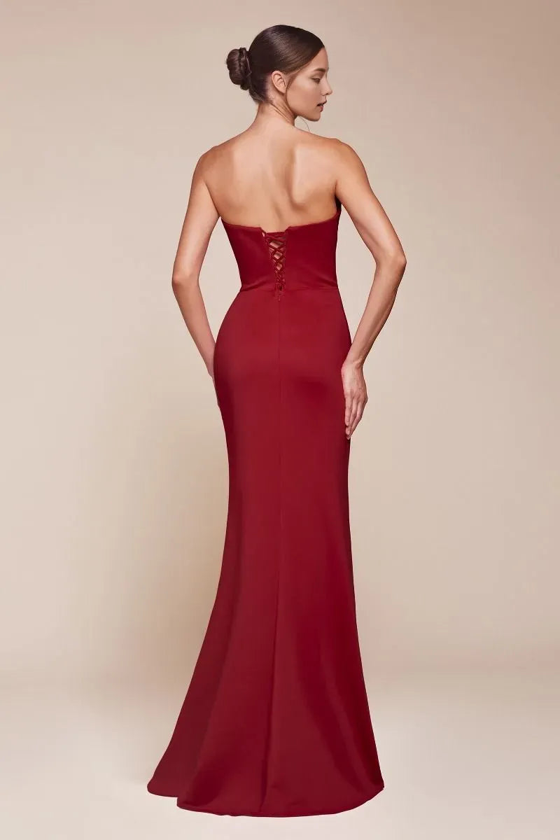 Elegant Red Mermaid Strapless Neck Sleeveless Lace-Up Back Floor-Length Ruched Chiffon Prom Dress with High Slit