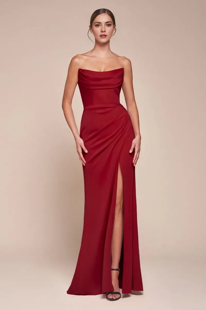 Elegant Red Mermaid Strapless Neck Sleeveless Lace-Up Back Floor-Length Ruched Chiffon Prom Dress with High Slit