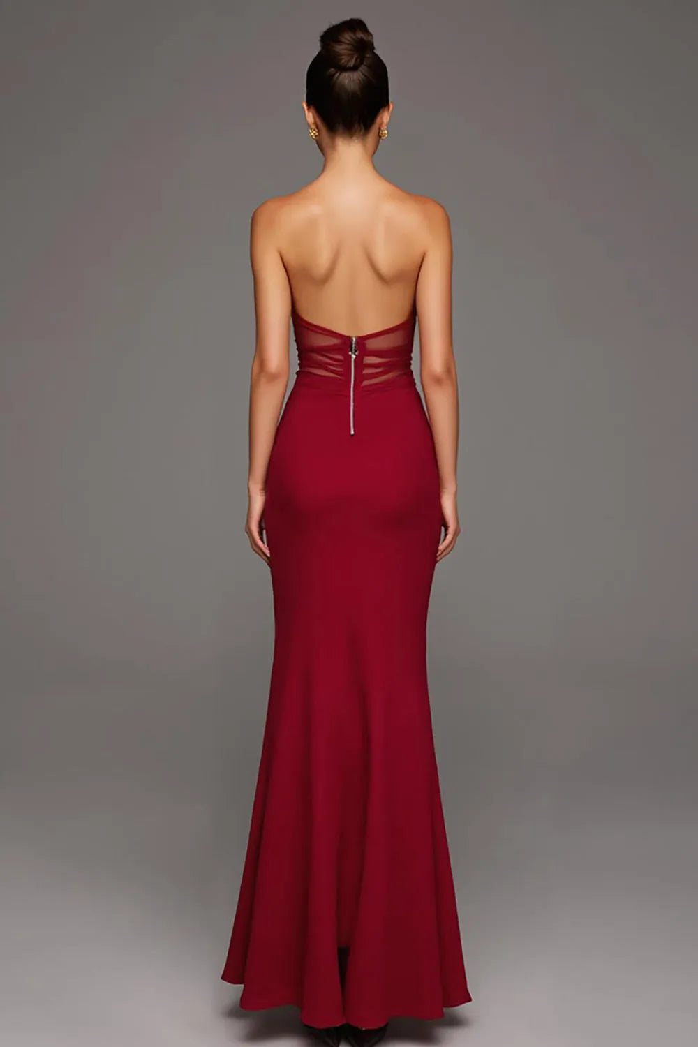 Elegant Red Mermaid Strapless Sleeveless Keyhole Cut Out Back Zip Mesh Floor-Length Prom Dresses