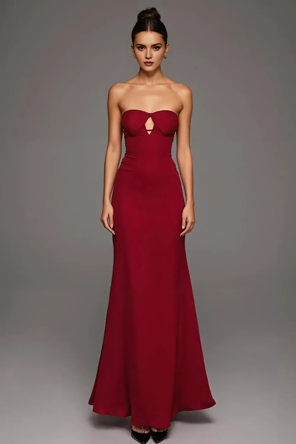 Elegant Red Mermaid Strapless Sleeveless Keyhole Cut Out Back Zip Mesh Floor-Length Prom Dresses