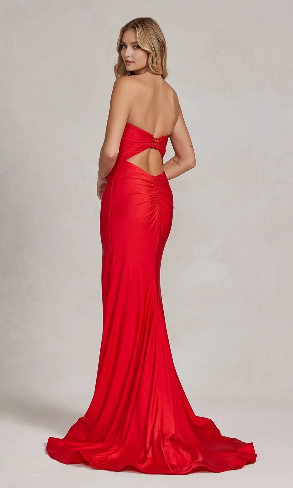 Elegant Red Mermaid Sweetheart Neck Strapless Cut-Out Back Floor-Length High Slit Satin Prom Dresses