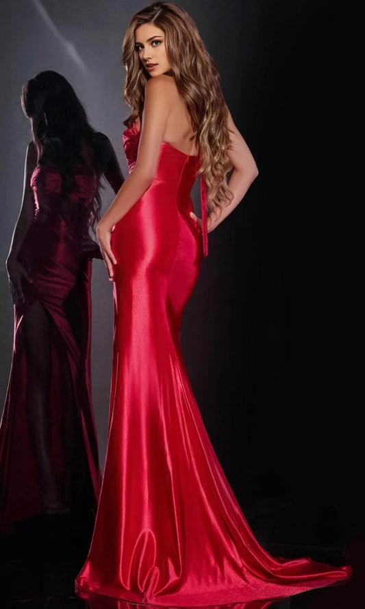 Elegant Red Satin Halter Neck Sleeveless Mermaid Side Leg Slit Prom dress hot sale