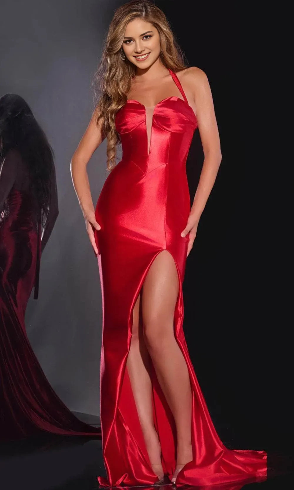 Elegant Red Satin Halter Neck Sleeveless Mermaid Side Leg Slit Prom dress hot sale