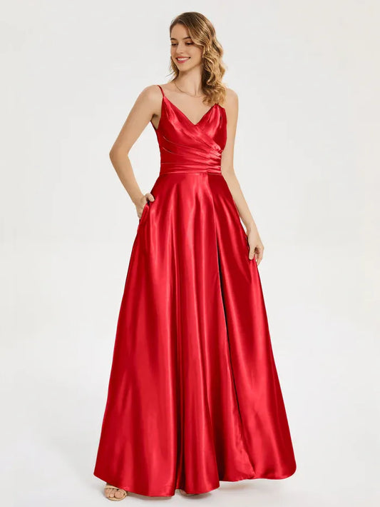 Elegant Red Satin V-neck Pleated Soft Satin Prom Dress with Spaghetti Straps, Wrap - Front Bodice and with Slit