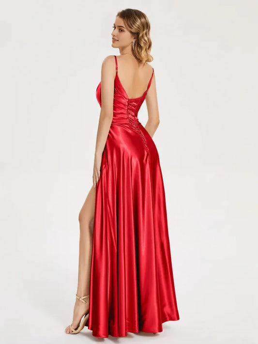 Elegant Red Satin V-neck Pleated Soft Satin Prom Dress with Spaghetti Straps, Wrap - Front Bodice and with Slit