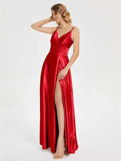 Elegant Red Satin V-neck Pleated Soft Satin Prom Dress with Spaghetti Straps, Wrap - Front Bodice and with Slit