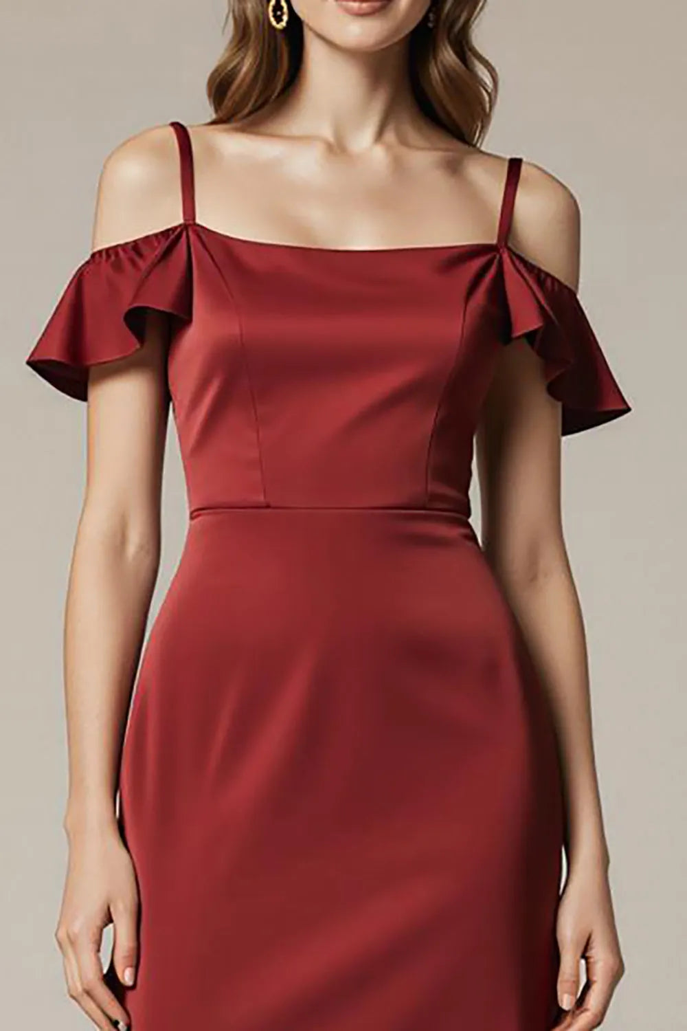 Elegant Red Sheath Off-Shoulder Ruffle Sleeve Satin Open-Back Floor-Length Prom Dresses
