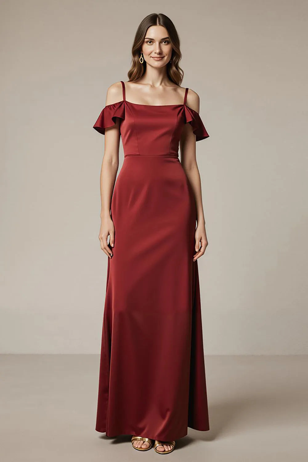 Elegant Red Sheath Off-Shoulder Ruffle Sleeve Satin Open-Back Floor-Length Prom Dresses