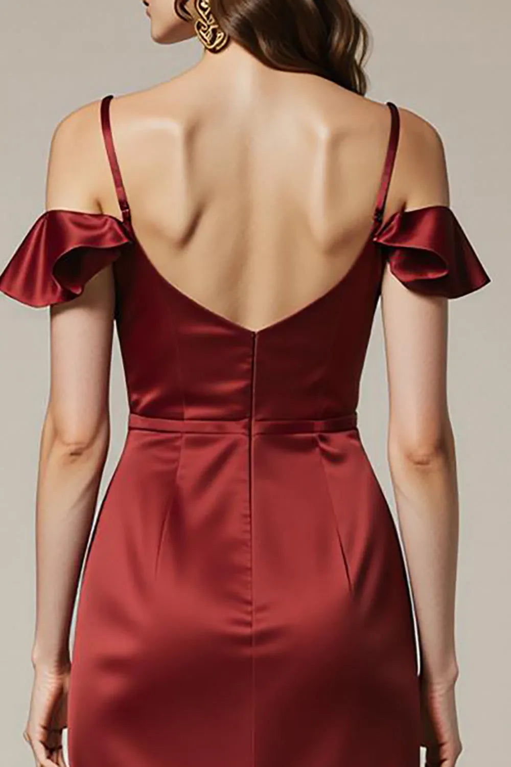 Elegant Red Sheath Off-Shoulder Ruffle Sleeve Satin Open-Back Floor-Length Prom Dresses