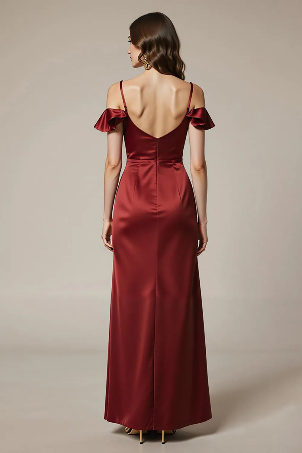 Elegant Red Sheath Off-Shoulder Ruffle Sleeve Satin Open-Back Floor-Length Prom Dresses