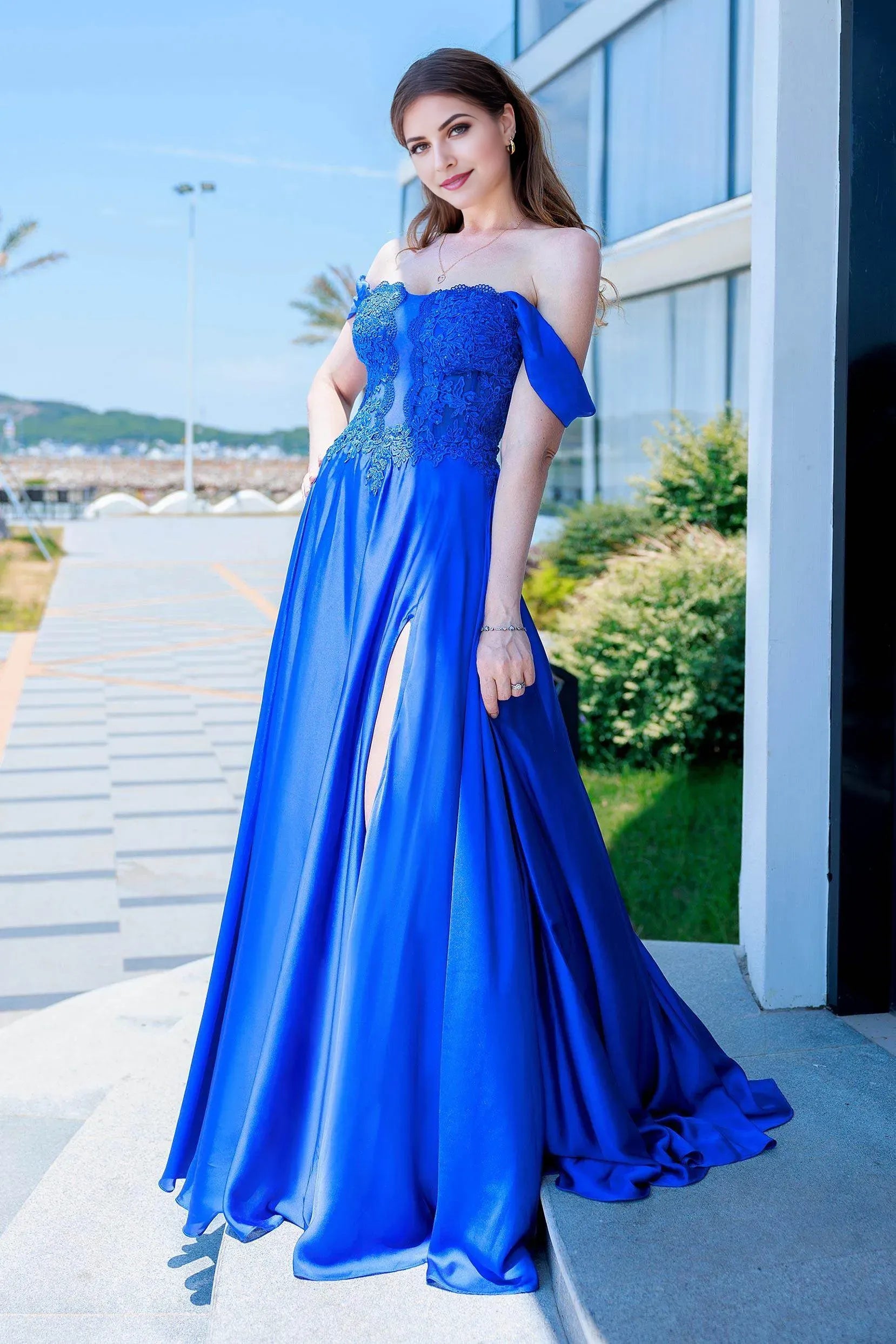 Elegant Royal Blue A-Line Off-the-Shoulder Sleeveless Lace Up Floor-Length Chiffon Lace Prom Dress with High Slit