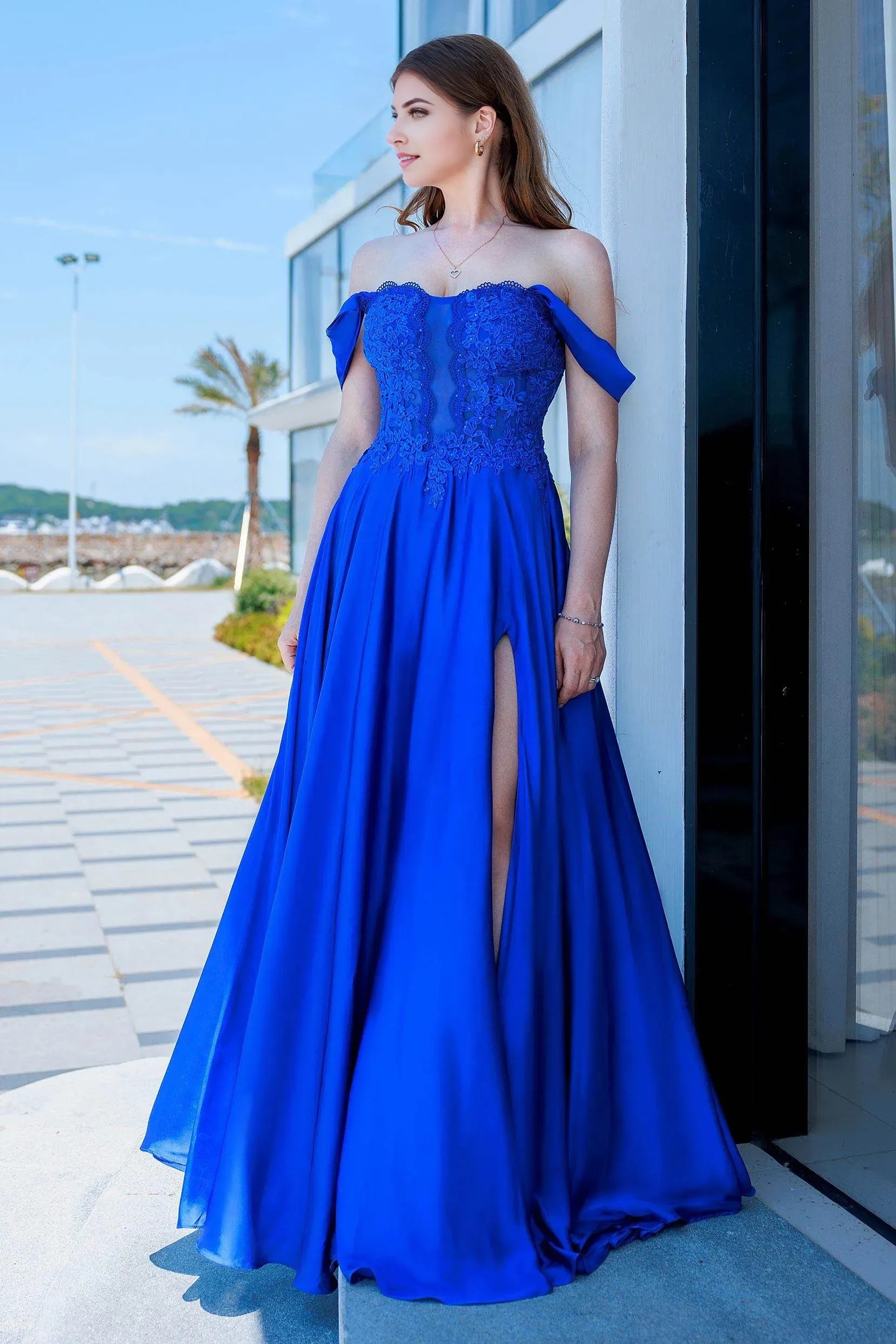 Elegant Royal Blue A-Line Off-the-Shoulder Sleeveless Lace Up Floor-Length Chiffon Lace Prom Dress with High Slit