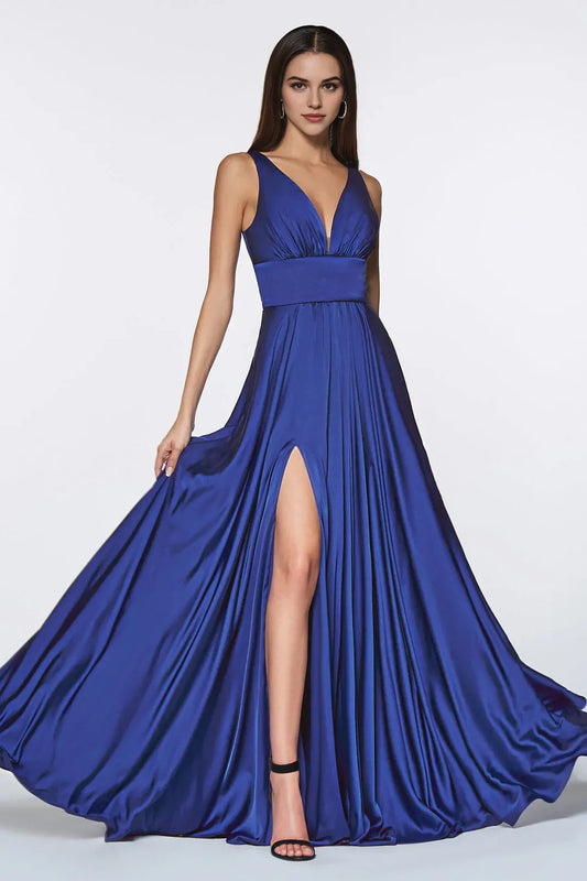 Elegant Royal Blue A-line Satin V-neck Sleeveless Back Zip open back Floor length side leg slit prom dress for women for sale