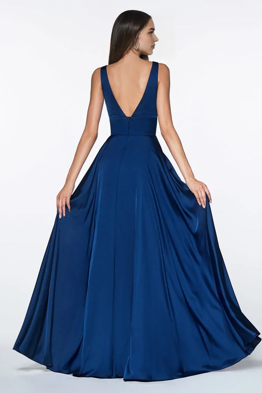 Elegant Royal Blue A-line Satin V-neck Sleeveless Back Zip open back Floor length side leg slit prom dress for women for sale