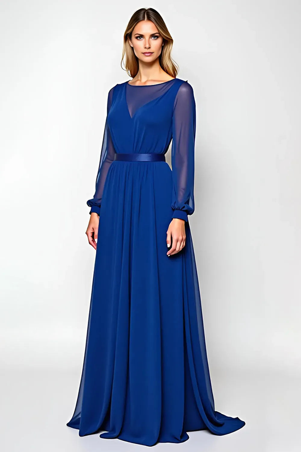 Elegant Royal Blue  A Line Scoop Sheer Sleeve Open Back Mother of the Bride Dress for ladies
