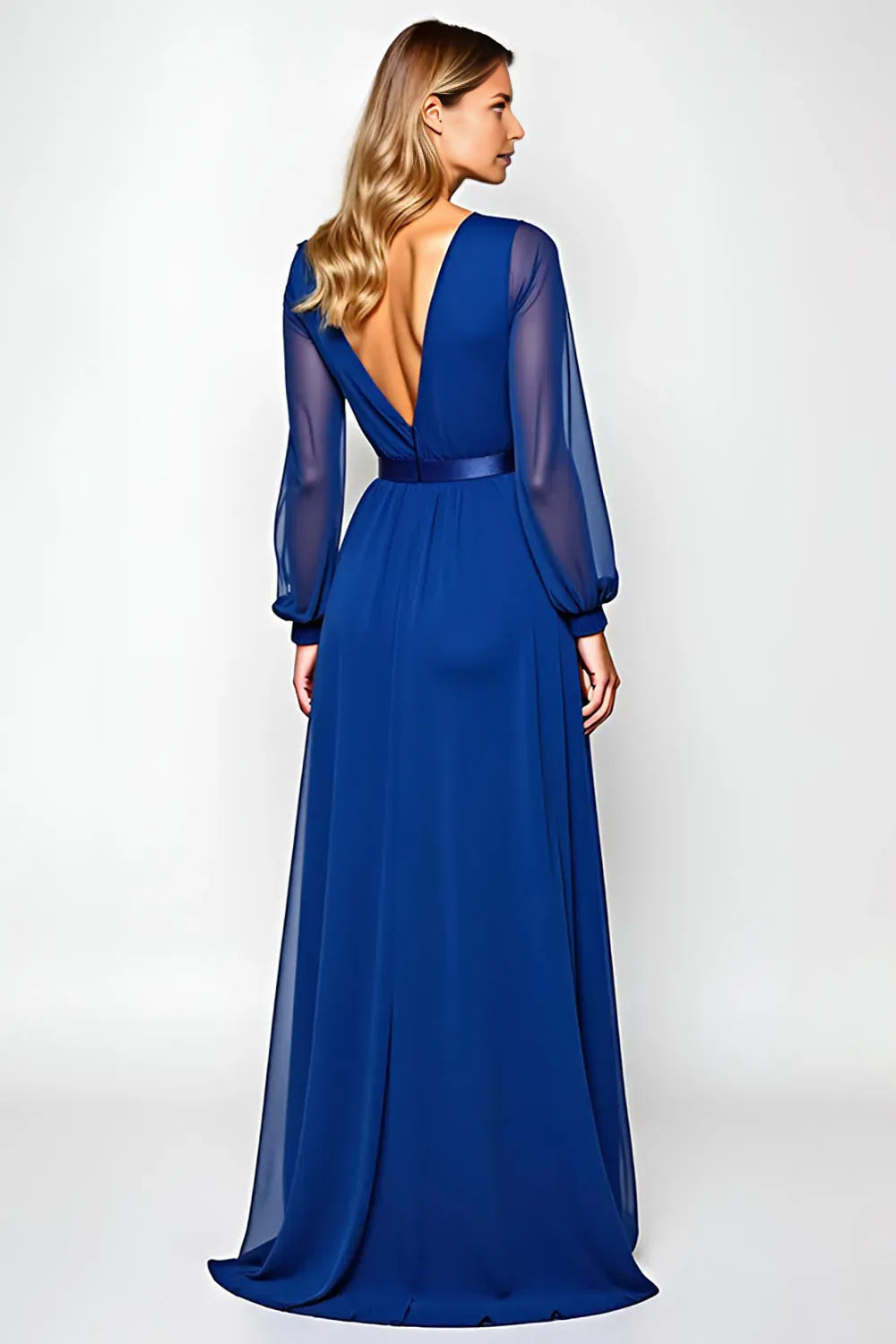 Elegant Royal Blue  A Line Scoop Sheer Sleeve Open Back Mother of the Bride Dress for ladies