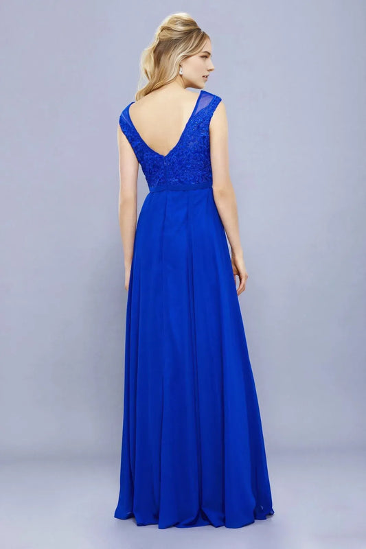 Elegant Royal Blue Chiffon Scoop Sleeveless beaded lace Back Zip Floor length prom dress ready to ship ﻿