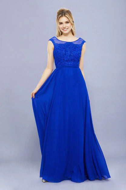 Elegant Royal Blue Chiffon Scoop Sleeveless beaded lace Back Zip Floor length prom dress ready to ship ﻿