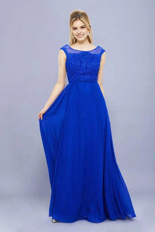 Elegant Royal Blue Chiffon Scoop Sleeveless beaded lace Back Zip Floor length prom dress ready to ship ﻿
