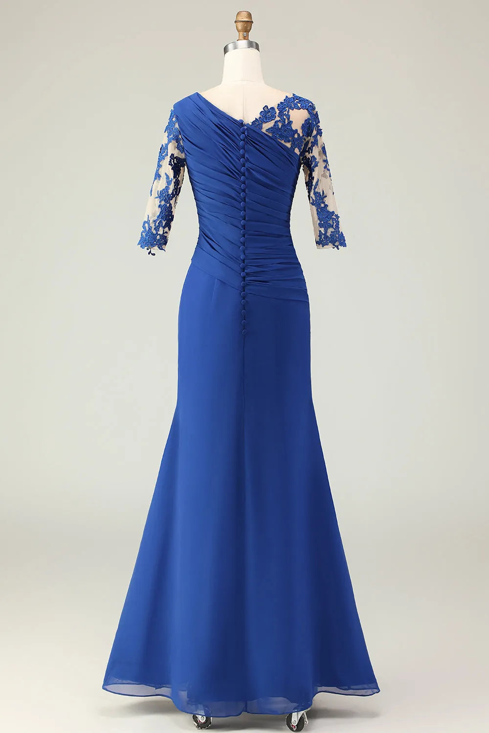 Elegant Royal Blue Mermaid One-Shoulder Lace Sleeve Button Back Floor-Length Appliqued Mother Of The Bride Dresses