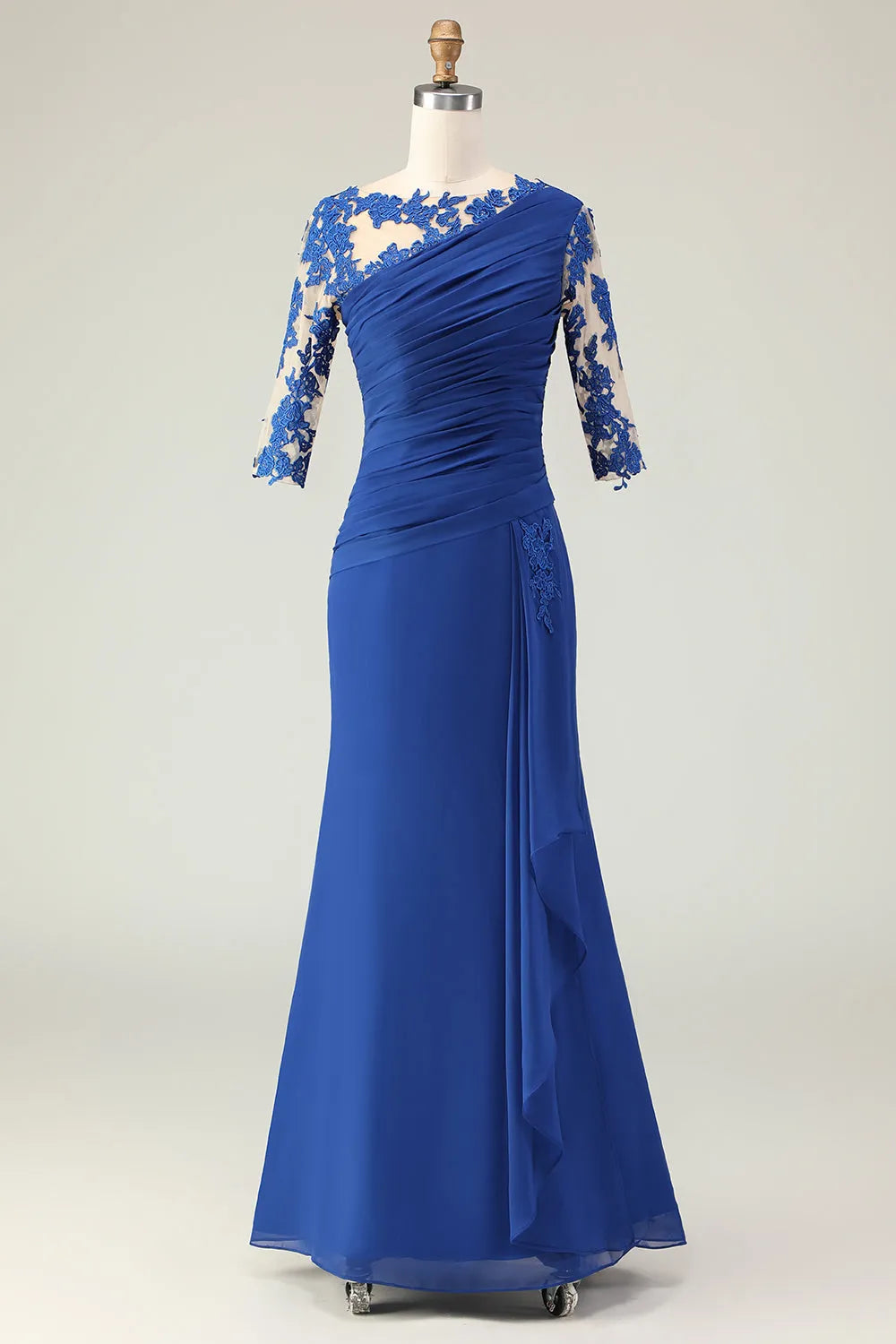 Elegant Royal Blue Mermaid One-Shoulder Lace Sleeve Button Back Floor-Length Appliqued Mother Of The Bride Dresses