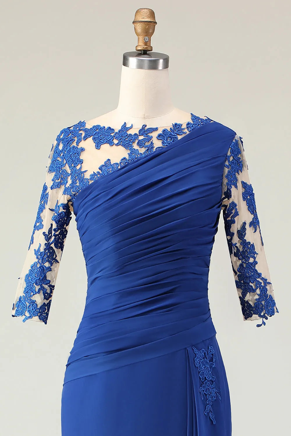 Elegant Royal Blue Mermaid One-Shoulder Lace Sleeve Button Back Floor-Length Appliqued Mother Of The Bride Dresses