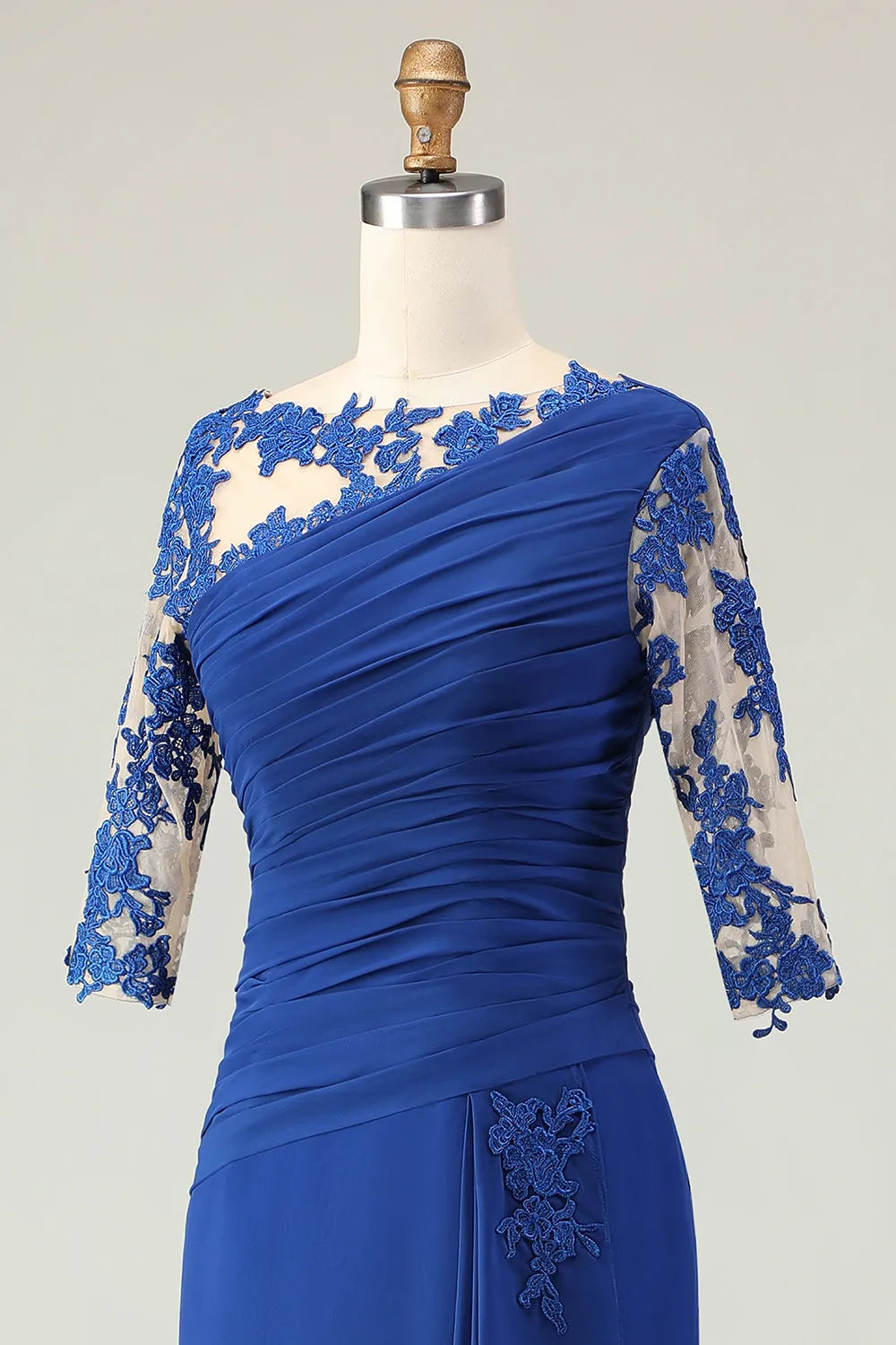 Elegant Royal Blue Mermaid One-Shoulder Lace Sleeve Button Back Floor-Length Appliqued Mother Of The Bride Dresses