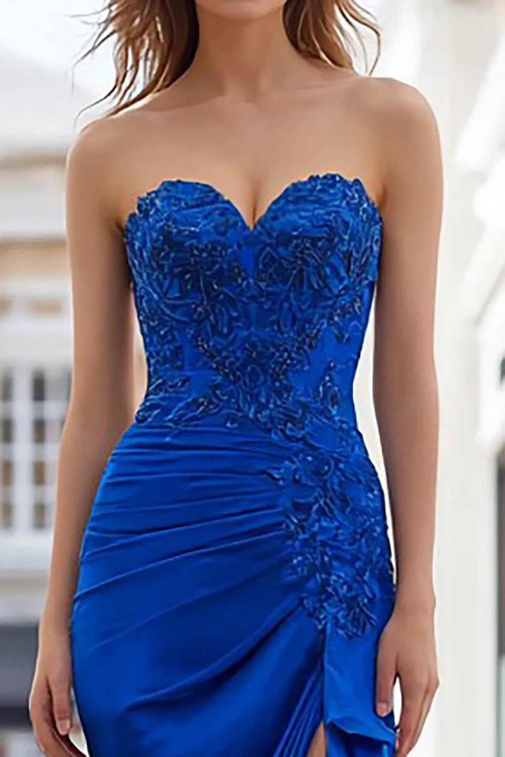 Elegant Royal Blue Mermaid Strapless Sleeveless Appliqued Lace-Embroidered Back Zip High-Slit Floor-Length Prom Dress