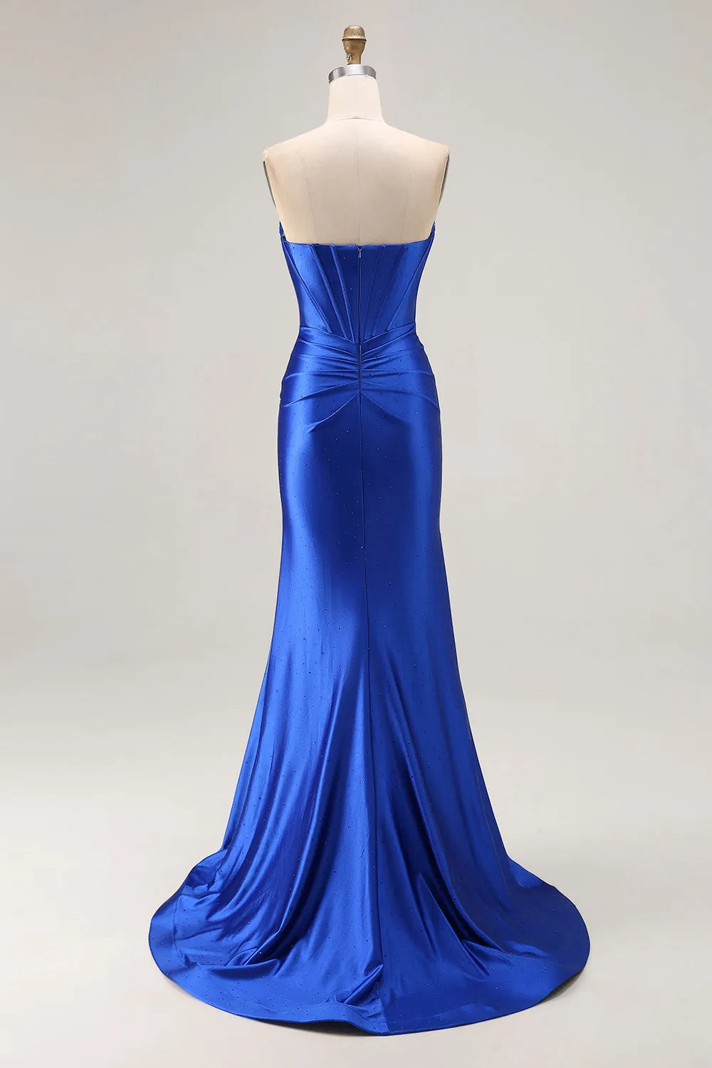 Elegant Royal Blue Mermaid Strapless Sleeveless Back Zip Beading Embellished Ruched High-Slit Satin Floor-Length Prom Dresses