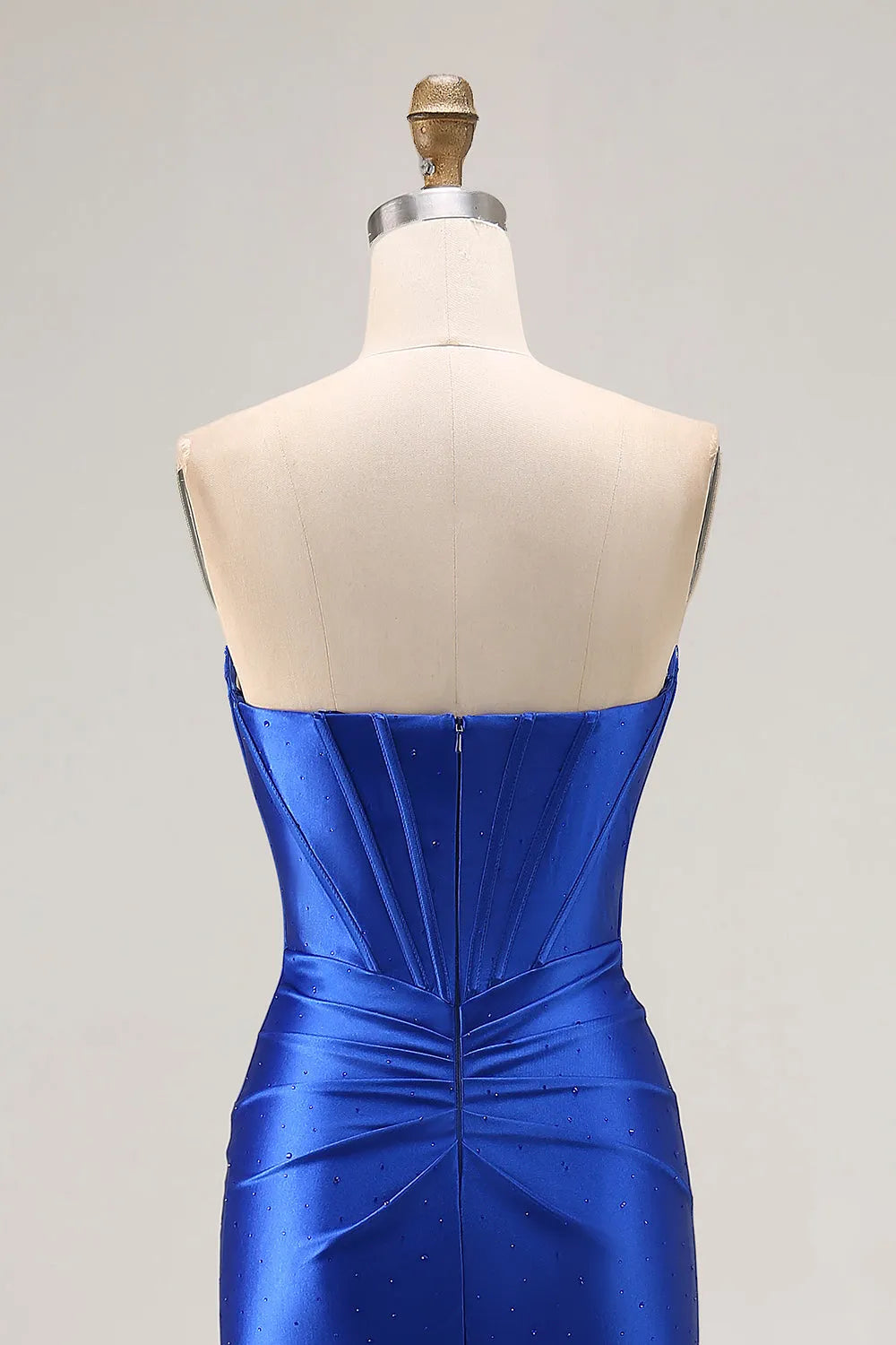 Elegant Royal Blue Mermaid Strapless Sleeveless Back Zip Beading Embellished Ruched High-Slit Satin Floor-Length Prom Dresses