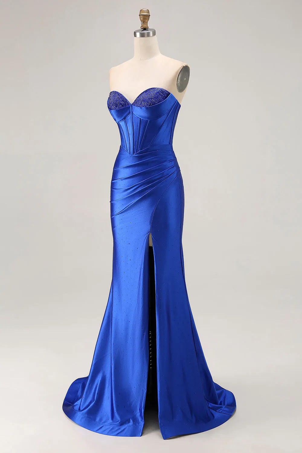 Elegant Royal Blue Mermaid Strapless Sleeveless Back Zip Beading Embellished Ruched High-Slit Satin Floor-Length Prom Dresses